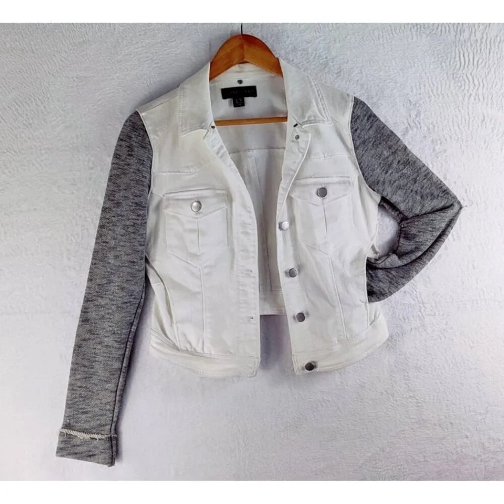 Jean Jacket by Tinseltown Denim Couture White Gray Sleeves Distressed High-Low S
